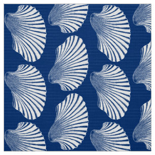 Scallop Shell Block Print, Navy Blue and White Fabric