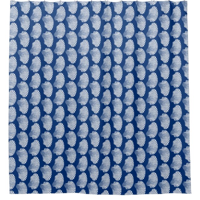 Scallop Shell Block Print, Navy Blue and White Shower Curtain (Front)