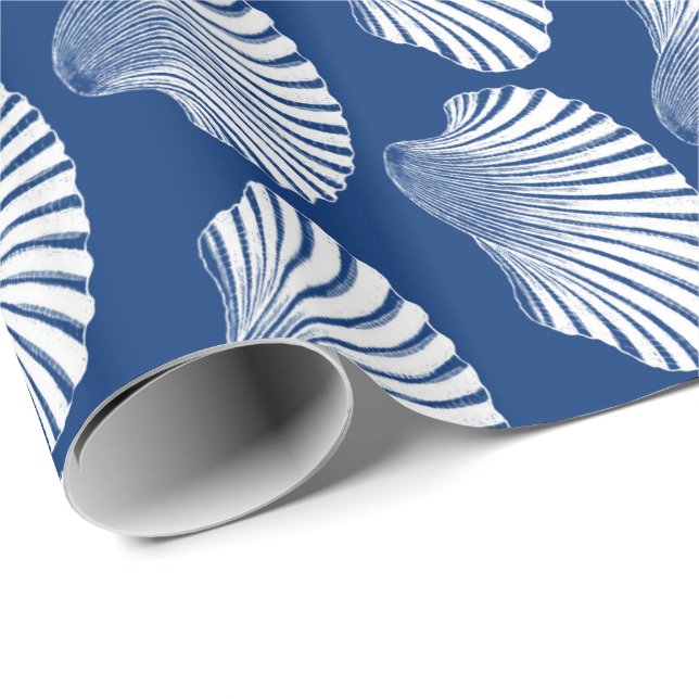 Scallop Shell Block Print, Navy Blue and White Wrapping Paper (Roll Corner)