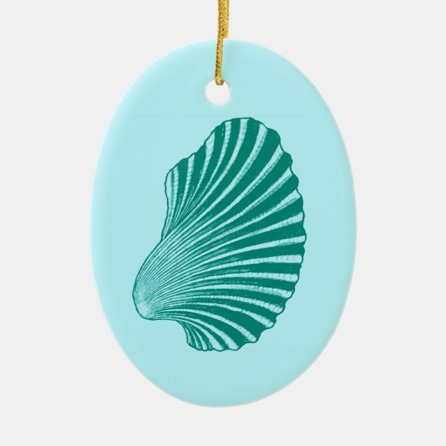 Scallop Shell Block Print, Turquoise and Aqua   Ceramic Tree Decoration (Front)