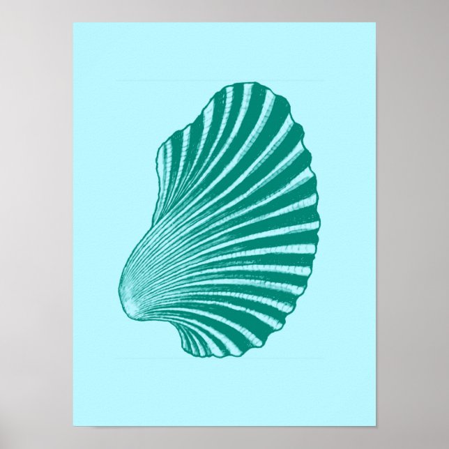 Scallop Shell Block Print, Turquoise and Aqua Poster (Front)