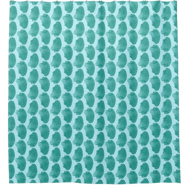 Scallop Shell Block Print, Turquoise and Aqua Shower Curtain (Front)