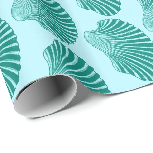 Scallop Shell Block Print, Turquoise and Aqua Wrapping Paper (Roll Corner)