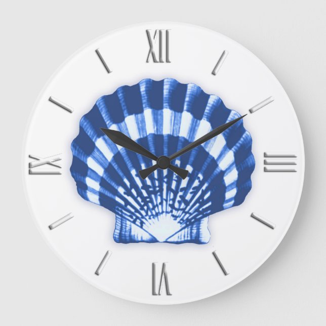 Scallop Shell - Navy Blue on a White Background Large Clock (Front)