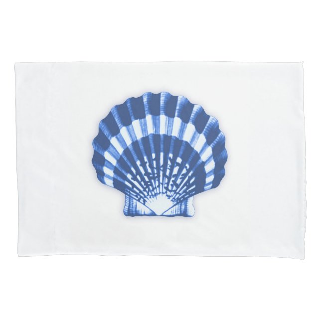 Scallop Shell - Navy Blue on a White Background Pillowcase (Front)