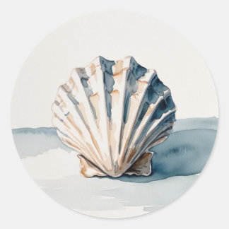 Scallop Shell Watercolor Art – Coastal Blue  Classic Round Sticker