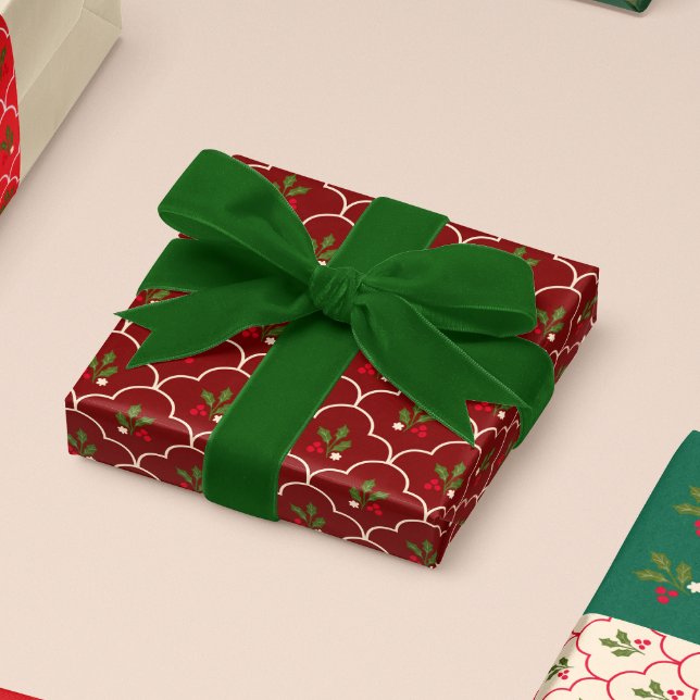 Scallop Tile with Holly Branch Berries Christmas Wrapping Paper Sheet (Creator Uploaded)