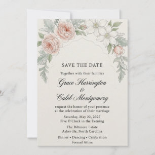 Scalloped Arch Frame and Blush Floral Watercolor Invitation