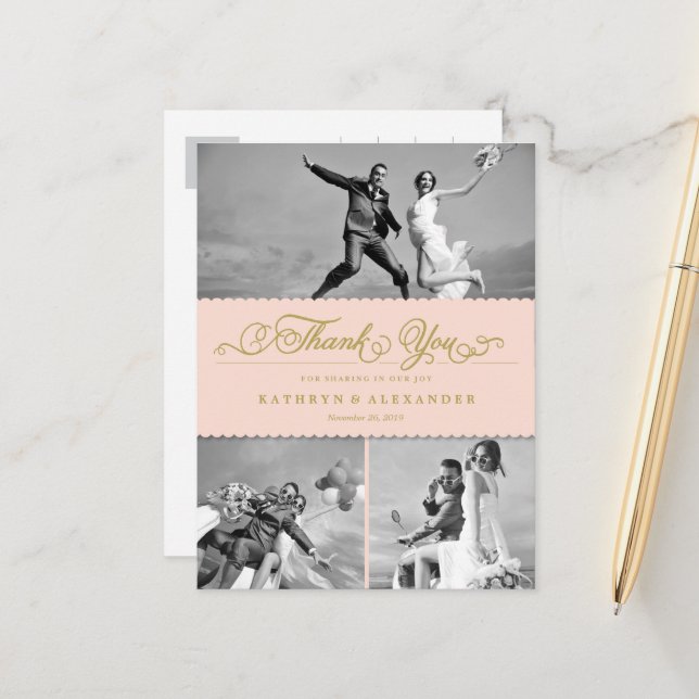 Scalloped Band And Script Photo Wedding Thank You Postcard (Front/Back In Situ)