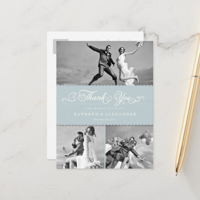 Scalloped Band And Script Photo Wedding Thank You Postcard (Front/Back In Situ)