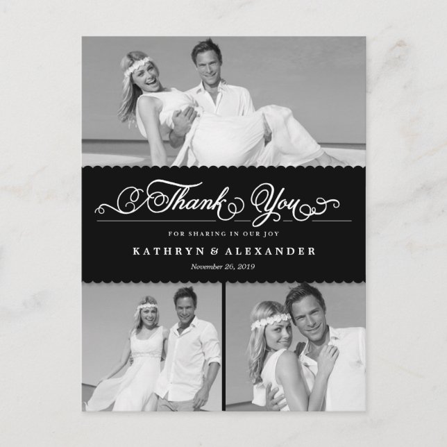 Scalloped Band And Script Photo Wedding Thank You Postcard (Front)