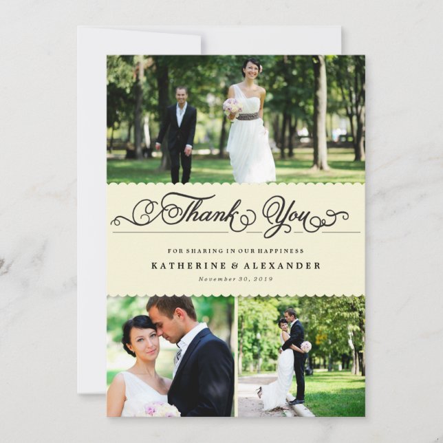 Scalloped Band Romantic Script Multi Photo Wedding Thank You Card (Front)