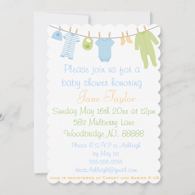 Scalloped Blue & Green Little Clothes Baby Shower Invitation (Front)