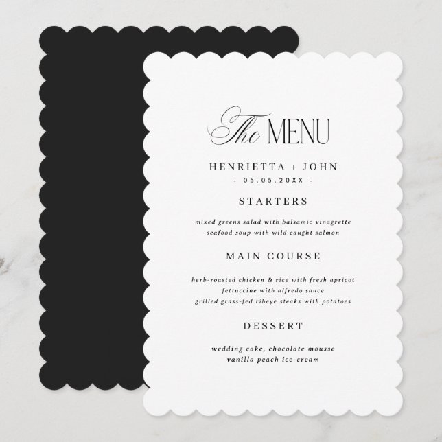Scalloped Edge Black and White Wedding Menu Card (Front/Back)