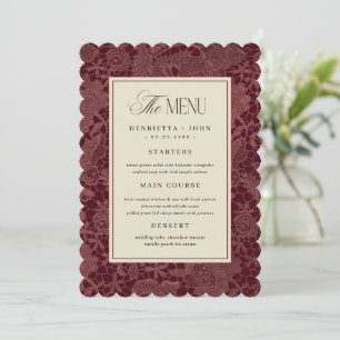 Scalloped Edge Burgundy Lace Wedding Menu Card