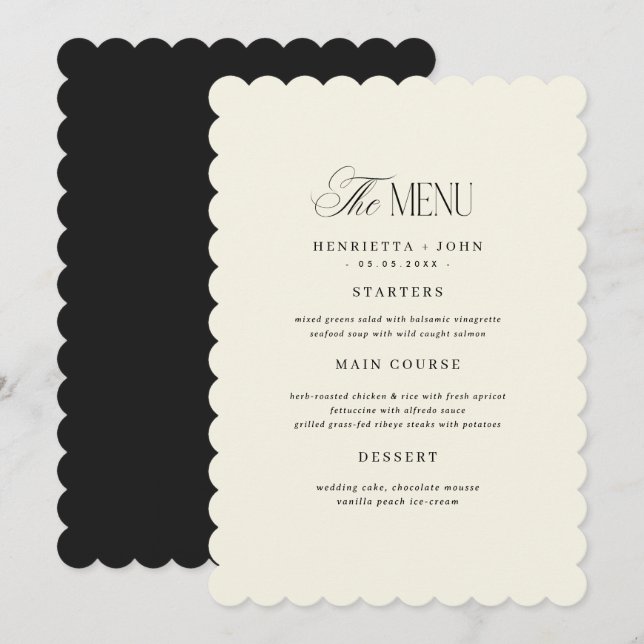 Scalloped Edge Ivory and Black Wedding Menu Card (Front/Back)
