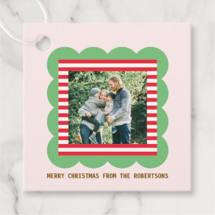 Scalloped Frame Christmas Photo Red Stripes Favour Tags