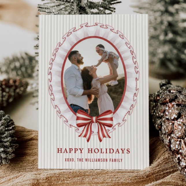 Scalloped Frame + Striped Bow Holiday Photo Card (Scalloped Frame + Striped Bow Holiday Photo Card)