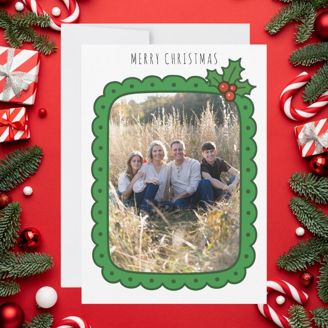 Scalloped Hand Drawn Holly Christmas Family Photo Holiday Card (Scalloped Hand Drawn Holly Christmas Family Photo Holiday Card
)