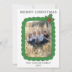 Scalloped Hand Drawn Holly Christmas Family Photo Holiday Card