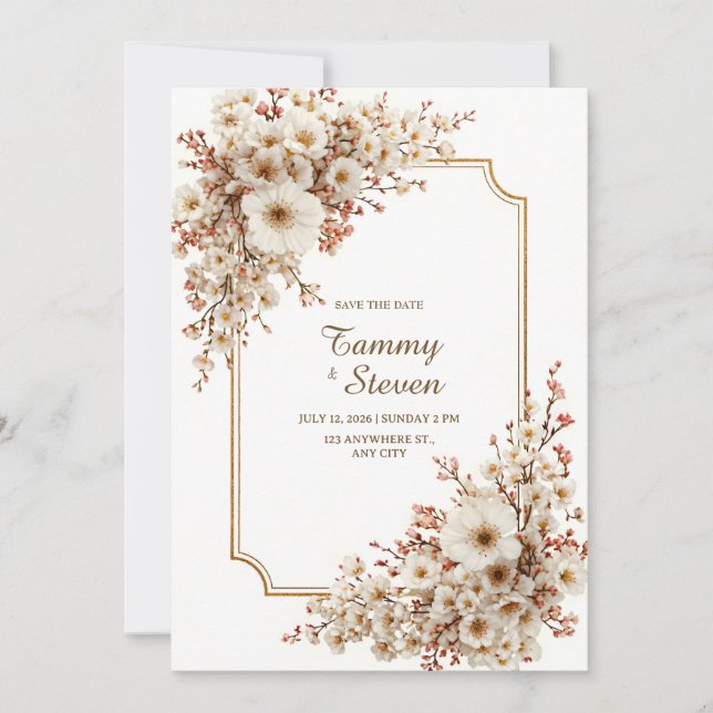 Scalloped Ivory Cherry Blossom Gilded Wedding Invitation (Front)