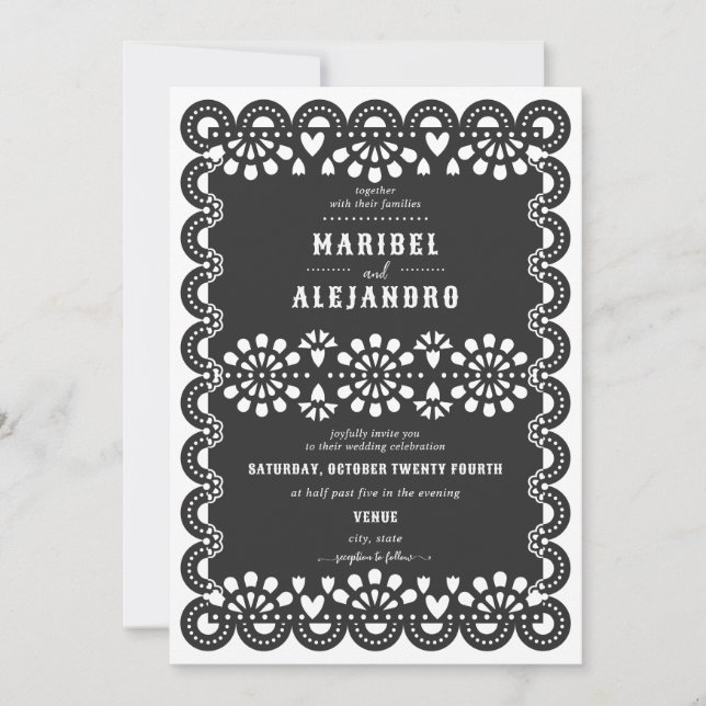 Scalloped Mexico Papel Picado Floral Black Wedding Invitation (Front)