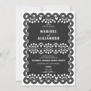Scalloped Mexico Papel Picado Floral Black Wedding Invitation