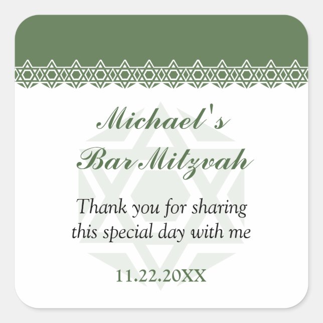 Scalloped Olive Star of David Bar-Bat Mitzvah Square Sticker (Front)