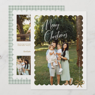 Scalloped Photo Bow Sage Gingham Merry Christmas Holiday Card