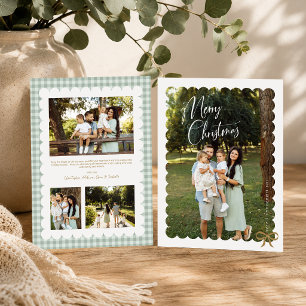 Scalloped Photo Bow Sage Gingham Merry Christmas Holiday Card