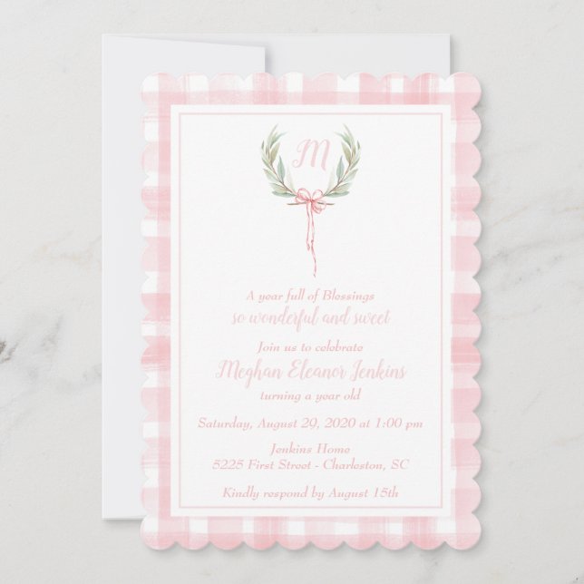 Scalloped Pink Gingham Laurel Crest First Birthday Invitation (Front)