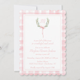 Scalloped Pink Gingham Laurel Crest First Birthday Invitation