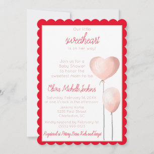 Scalloped Pink Heart Balloon Baby Shower Invitation