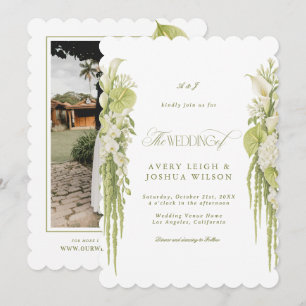 Scalloped Sage Green & White Floral Wedding Invitation