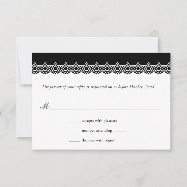 Scalloped Star of David Black Bar Mitzvah Reply RSVP Card (Front)