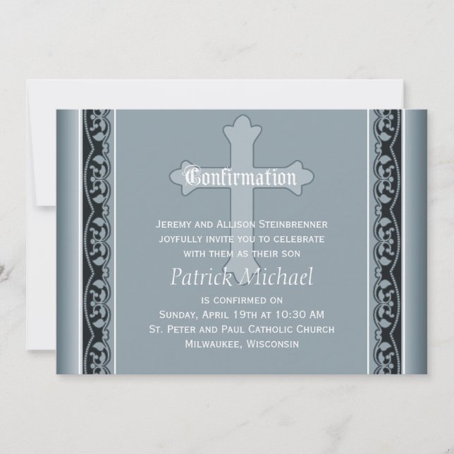 Scalloped Vines with Cross Elegant  Confirmation Invitation (Front)