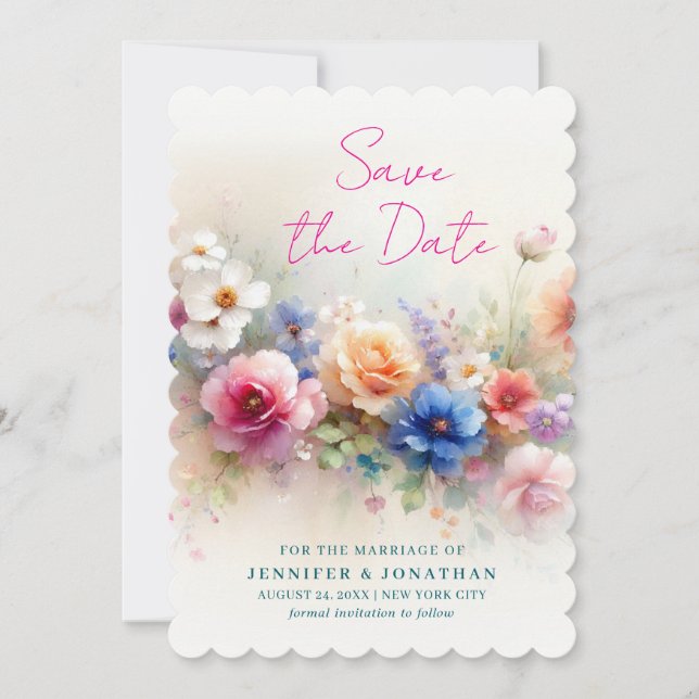 Scalloped Watercolor Flowers Script Save The Date (Front)
