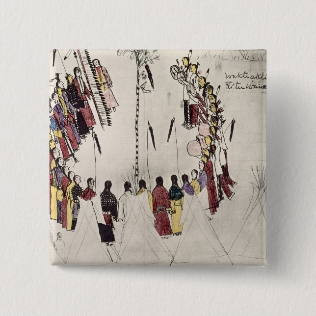 Scalp dance or victory dance (ink on paper) 15 cm square badge (Front)