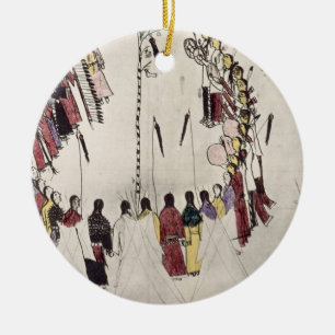 Scalp dance or victory dance (ink on paper) ceramic tree decoration