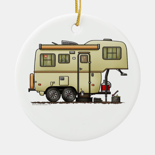 Scamp Fifth Wheel Camper RV happy camper Ceramic Tree Decoration (Front)