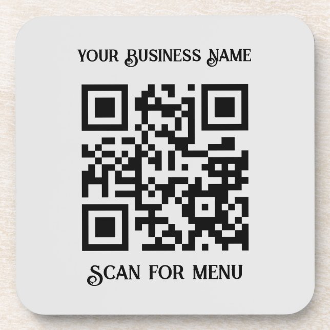 Scan for Menu QRcode with personalisation LGrey BG Coaster (Front)