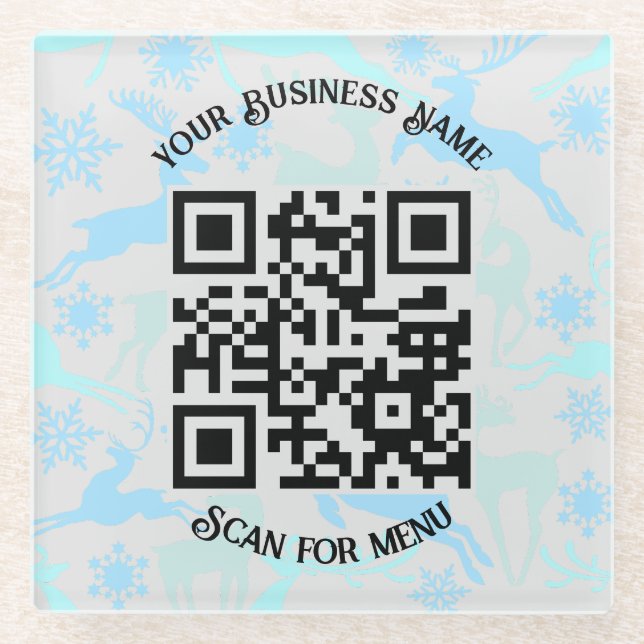 Scan for Menu QRcode with personalisation LGrey BG Glass Coaster (Front)