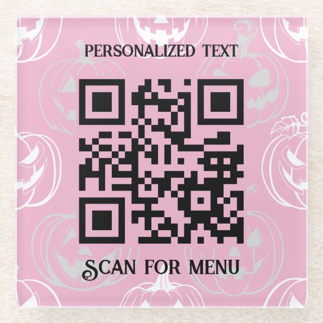 Scan for Menu QRcode with personalised pk LPink BG Glass Coaster (Front)