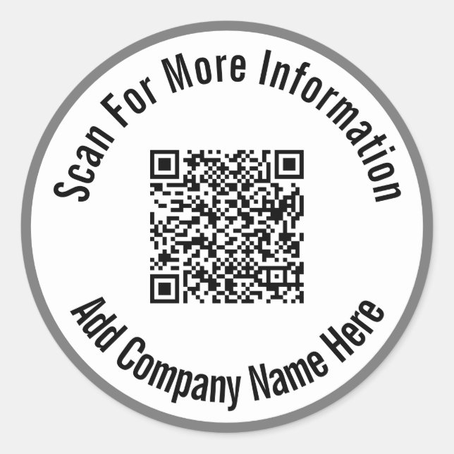 Scan For More Information QR Code Grey & White Classic Round Sticker (Front)