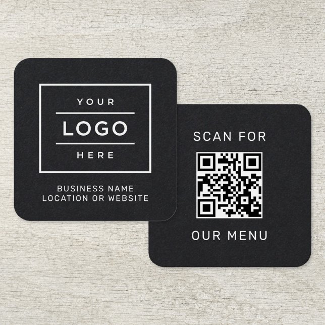 Scan For Our Menu Black Custom QR Code and Logo Square Business Card (Creator Uploaded)