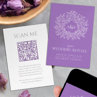 Scan me QR code wedding website monogram purple Enclosure Card