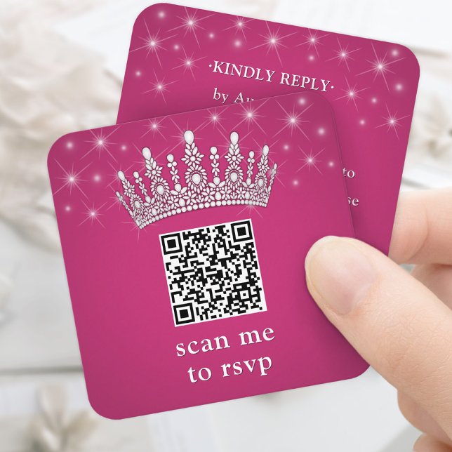 Scan Me QR RSVP Quinceañera Crown Fuschia Pink Enclosure Card (Creator Uploaded)