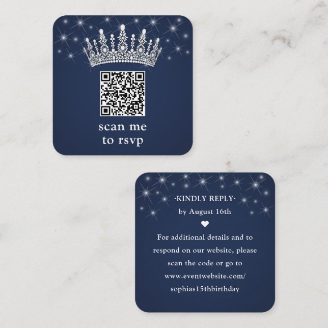 Scan Me RSVP QR Code Quinceañera Crown Navy Blue Enclosure Card (Front/Back)