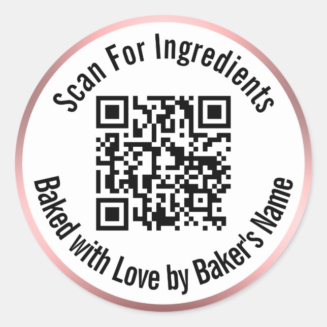 Scan QR Code For Ingredients Baked With Love Pink Classic Round Sticker (Front)