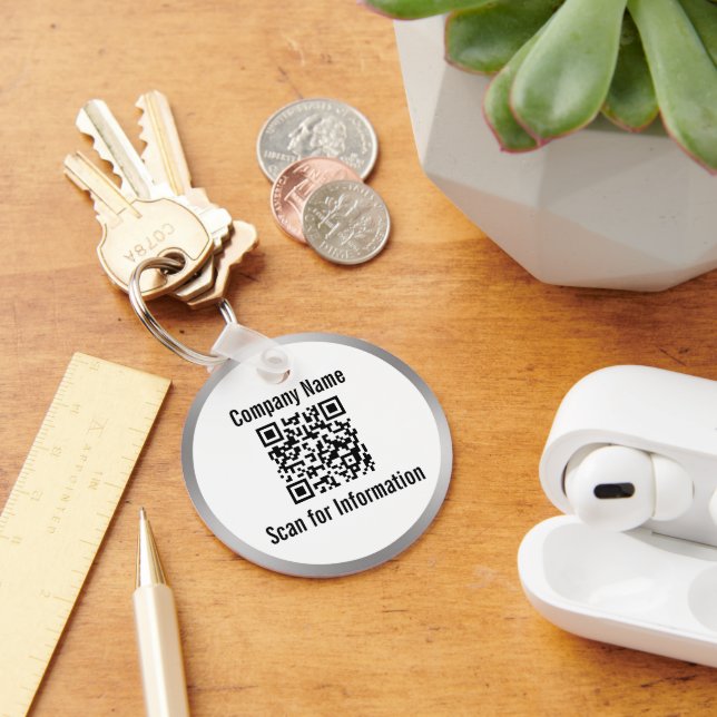 Scan QR Code For More Information Silver & White Key Ring (Desk)
